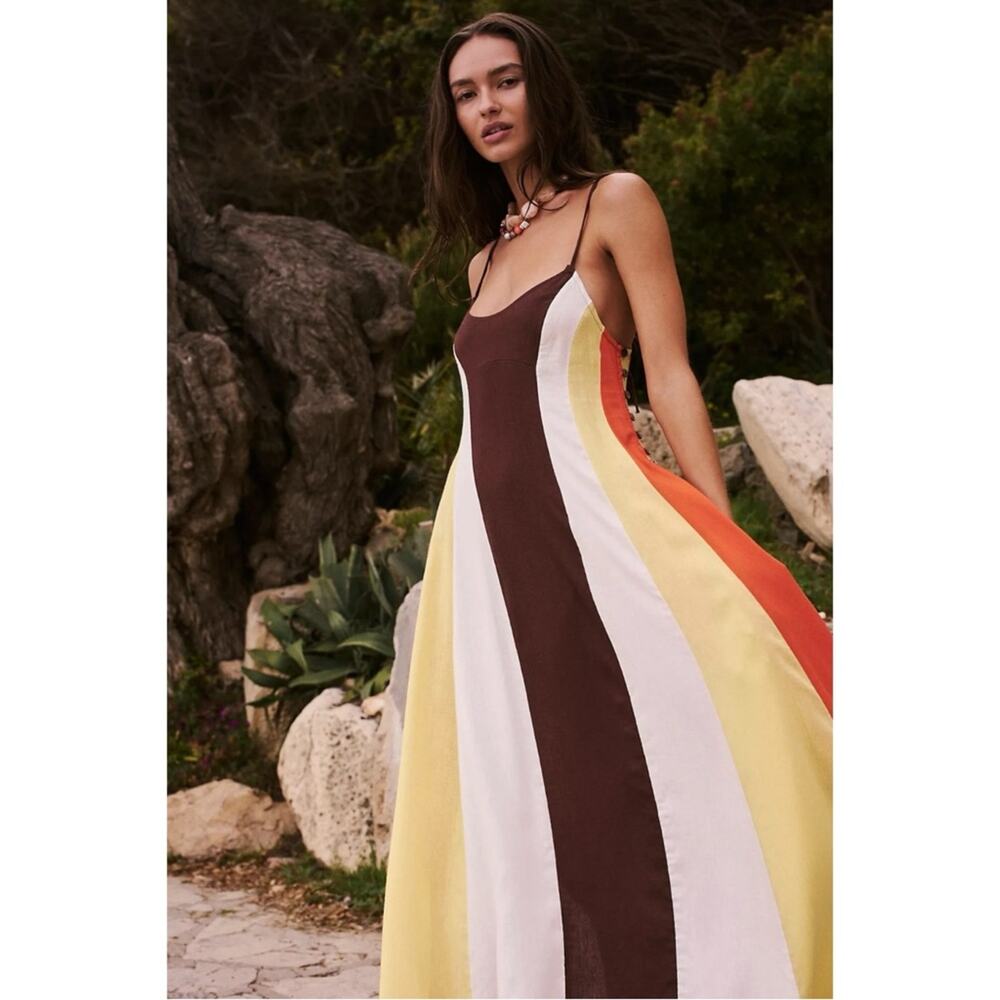 Free People Linen Retro 70s Color Harmony Maxi Dress in Chocolate Combo Small - Picture 4 of 10